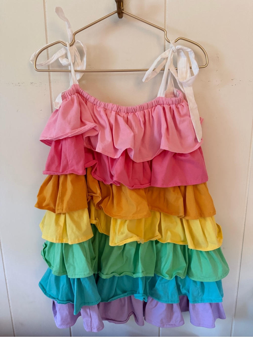 Lola + The Boys Pink to Purple Rainbow Ruffle Dress with White Tie Straps